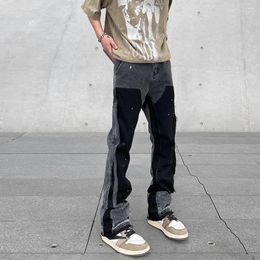 Men's Jeans Harajuku Black Graffiti Flared Pants Patches Hip Hop Splashed Ink Wide Trousers Blue Slim Fit Washed For Men