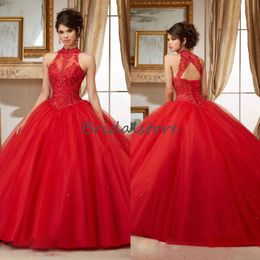 Sexy Red Quinceanera Dresses High Neck Lace Appliques Ball Gown Prom Party Gowns 2020 Open Back Corset Brithday Sweet 16 Dress 2020 266W