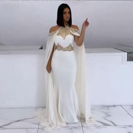 Elegant Satin Mermaid Evening Dresses 2023 Halter Lace Appliqued Beaded Ivory Cape Sleeves Arabic Dubai Formal Long Prom Dress Party Go 2789