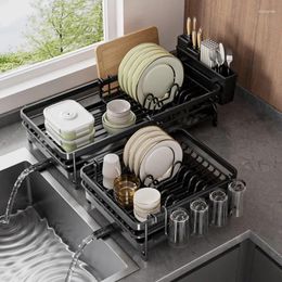 Kitchen Storage Retractable Dish Drainer Organization Sink Rack With Tray Plate Bowl Cup Kitchenware Tableware