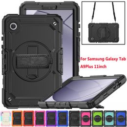 Case with Screen Protector For Samsung Galaxy Tab A9 Plus 11 Inch 2023 A9+ 360 Rotating Hand Strap Kickstand Cover Rugged Shockproof Armor Cases + Shoulder Strap