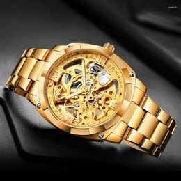 Wristwatches Full Gold Unique Skeleton Mechanical Watches Luxury Engraved Movement Retro Automatic Watch For Men Steel Strap Luminous Hands