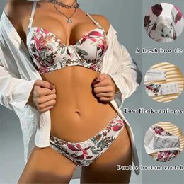 Bras Sets Viomisha Womens Underwear Set Vacation Casual Style with Stl Ring Push Up Bra Print Breathable Female Panty Brasserie Y240513