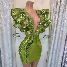 Green Sequined Cocktail Dressses Short Beaded Deep V-Neck Dubai Party Night Gowns Women Custom Made Designed robe de soiree CC 243l