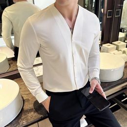 Men's Casual Shirts Long Sleeve For Men Clothing High Quality Collarless Luxury Drape Traceless Gluing Social Shirt Dress Blouse