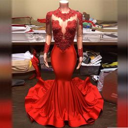 Sexy Red Long Sleeves Prom Dresses Sheer Neck Satin Lace Beads Sweep Train Cocktail Party Gowns Custom Size Evening Wear 308l