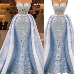 2024 Sexy Light Blue Luxurious Mermaid Evening Dresses Sweetheart Illusion Full Lace Appliques Crystal Beaded Long Overskirts Formal Party Dress Prom Gowns 0513