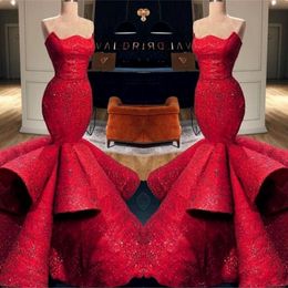 Beautiful Formal Red Evening Dresses 2020 Satin Strapless Sequins Applique Long Prom Dress Mermaid Pageant Gowns Ruffle Skirt 244Z