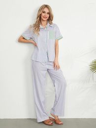 Home Clothing Women Striped Pyjama Set Short Sleeve Button Closure Lapel Shirt With Long Pants Cosy Casual Loose Sleepwear Loungewear Pjs
