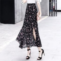 Skirts Female Chic Clothes Summer Women GIrl Floral Ladies Robe Holiday Date High Waist Retro Vintage Chiffon Casual Q73