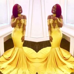 Newest Sexy Yellow Black Girls Mermaid Prom Dresses Lace Long Sleeves Backless Satin Floor Length Formal Party Wear Evening Gowns Custo 192l