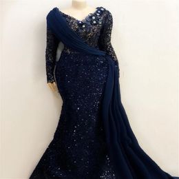 African Long Sleeves Lace Mermaid Evening Dresses 2022 Aso Ebi Long Sleeves Pleats Navy Blue Prom Gowns Robe De Soiree 283B