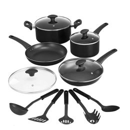 BELLA Cookware Set, 12 Piece Pots Pans Utensils, Nonstick PFOA Free Scratch Resistant Cooking Surface Compatible with All Stoves, Nylon and Aluminum, Black