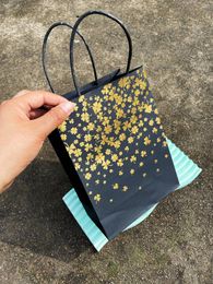 Gift Wrap 3pcs Single-sided Gold Four Hakusa Pattern Black Paper Bag Flower Decorated Handbag Shopping Mall Clothing Boutique