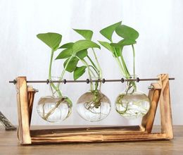 Vintage Creative Hydroponic Plant Transparent Vase Wooden Frame Coffee Shop Room Glass Tabletop Plant Bonsai Home Decor Flower Vas2686484