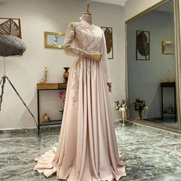 2024 Light Pink Evening Dresses Wear V Neck Illusion Lace Appliques Crystal Beads Flowers Long Sleeves Formal Prom Party Specical Ocn Gowns 0513
