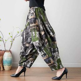 Women's Pants Capris China Style Baggy Harem Pants Women Causal Print Cross-Pants Loose Trousers Lantern Wide Leg Cotton Linen Retro Pants Plus 11435 Y240509