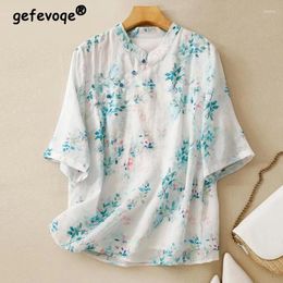 Women's Blouses Women Vintage Chinese Ethnic Style Floral Print Stand Collar Loose Cotton Linen Shirts Ladies Casual Short Sleeve Tops