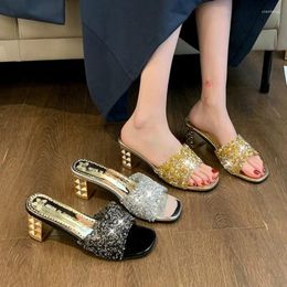 Dress Shoes Fashion Show Sexy Sandals Slippers Woman Novelty Slip-On Silk 4CM Square Heel Japanese Style Party Prom Women Black