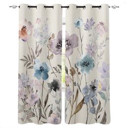 Curtain Watercolor Flowers Plants Leaves Grayish Purple Window Living Room Kitchen Panel Blackout Curtains For Bedroom