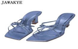Chic Aqua Blue Bowtie Strappy Sandals Summer Square Heel Flip Flops Dress Mules Ladies Outdoor Formal Slippers Shoes Women6792722