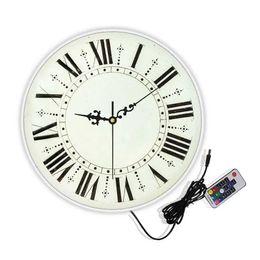 Wall Clocks Retro Rustic Print Round Wall Clock With Roman Numerals Vintage Home Decor Antique Farmhouse LED Night Light Neon Sign Watch