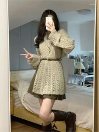 Work Dresses Cut-Out Design Jacquard Long-sleeved Knitted Women's Autumn Loose Slim Casual Sweater Pleated Skirt Two-piece Set For Women