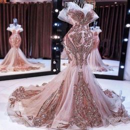 New rose gold mermaid evening dresses long sparkly sequin applique beaded fishtail prom gown robe de soiree 267Y