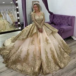 Princess Gold Quinceanera Dresses Long Sleeves Applique Beading Sweet 16 Dress Pageant Gowns vestidos de 15 a os 2021 268o