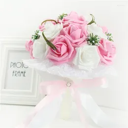 Decorative Flowers Pink White Burgundy PE Rose Bridesmaid Wedding Foam Bridal Bouquet Ribbon Fake De Noiva Customised
