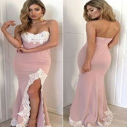 Neue sexy Prom -Kleider Meerjungfrau Schatz Appliken Spitzenschlitz Langes Abschlussballkleid rosa Abend Party Kleid Robe de Soiree 227e
