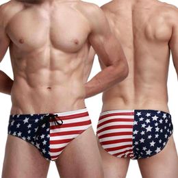 Men's Swimwear Men Swim Briefs Stretchy Shorts USA Flag Swimming Trunks Water Activity Beach Sexy Short Swimsuit