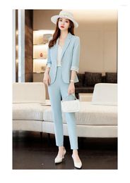 Women's Two Piece Pants Casual Spring Suit For Women Three Quarter Blazer And Trousers 2 Formal Office Work Outfits Blue Pink Black Clothing