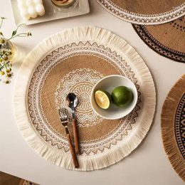 Table Mats Boho Round Placemat 15 Inch Farmhouse Woven Jute Fringe TableMats With Pompom Tassel Place Mat For Dining Room INS Decors