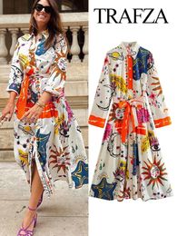 TRAFZA Women Summer Bohemian Dresses Printed Lace-Up Long Sleeve Single Breasted Female Loose Dress For Beach Party 240512