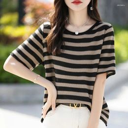 Women's T Shirts T-shirt Summer Cotton Sweater Short Sleeve Casual Striped Knitwear Round Neck Ladies' Tops Loose Pullover Tees