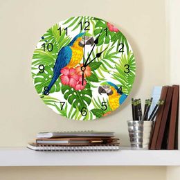 Wall Clocks Parrot Flowers Green Tropical Plant Leaves Decorative Round Wall Clock Custom Design Non Ticking Silent Bedroom Large Wall Clock