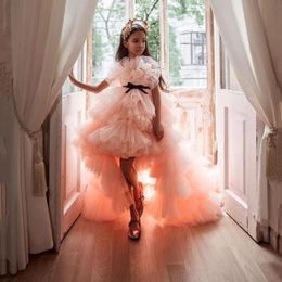 High Low Tiered Tulle Girls Pageant Dresses Long Layered Flower Girls Dress Blush Pink Ruffles Kids Birthday Gowns Vestidos 334Z