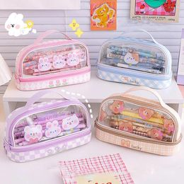 Storage Bags 1PC Cartoon Transparent Bear Large Capacity Sundries Pencil Case Bag Stationery Organiser Makeup Pouch Protable