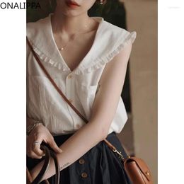 Women's Blouses Onalippa Wood Ear Hem Sailor Collar Shirts V Neck Solid Sleeveless White Blouse French Style Single Breasted Womens Tops