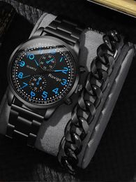 Wristwatches 2pcs Fashion Versatile Casual Men's Circular Digital Scale Steel Band Quartz Watch With Chain Bracelet Set