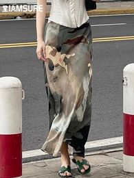 Skirts IAMSURE Chinese Style Vintage Printed Straight Casual Slim High Waosted Maxi Women 2024 Summer Elegant Fashion