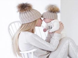 Mom and Baby Matching Knitted Hats Warm Fleece Crochet Beanie Hats Winter Mink PomPom Kids Children Mommy Headwear Hat Caps6691046