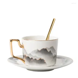 Mugs Creative Ceramic Coffee Cup And Saucer Set Chinese Ink Style With Spoon Gift Box Light Luxury Gold