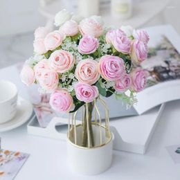 Decorative Flowers White Pink Roses Artificial Silk Peony Hydrangea Wedding For Home Vases Decor Bride Bouquet Craft Fake Plant