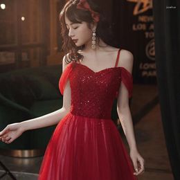 Party Dresses Burgundy Evening Dress Spaghetti Strap Beading Floor-Length Tulle Gowns Women's Banquet Formal
