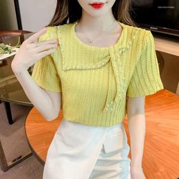 Women's T Shirts Sweet O-Neck Spliced Solid Colour Lace Up Beading T-Shirts Women Clothing 2024 Summer Loose Casual Tops Korean Tee Shirt