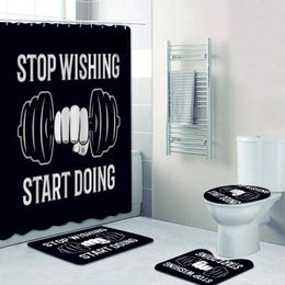 Shower Curtains Sport Inspiring Workout And Fitness Gym Motivation Quote Curtain With Bath Mats Set Dumbbell Training Bathroom Toilet Rug
