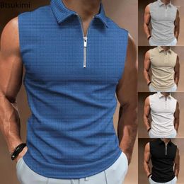 Men's Tank Tops 2024 Waffle Half Zip Sleeveless Polo Shirts Summer Fashion Slim Men Casual Sport T-shirt Gym Fitness Muscle Vest