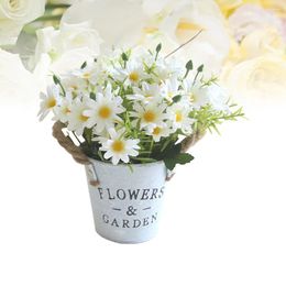 Decorative Flowers White Artificial Daisy Flower Pot Metal Bonsai In Potted Bouquet For